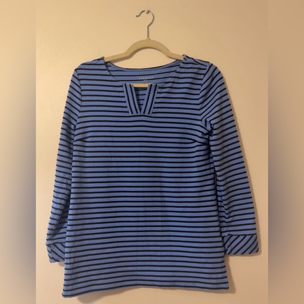 Talbots Small Petite Sp Ottoman Stripe Tunic Blue Split Neckline Long Sleeve Top